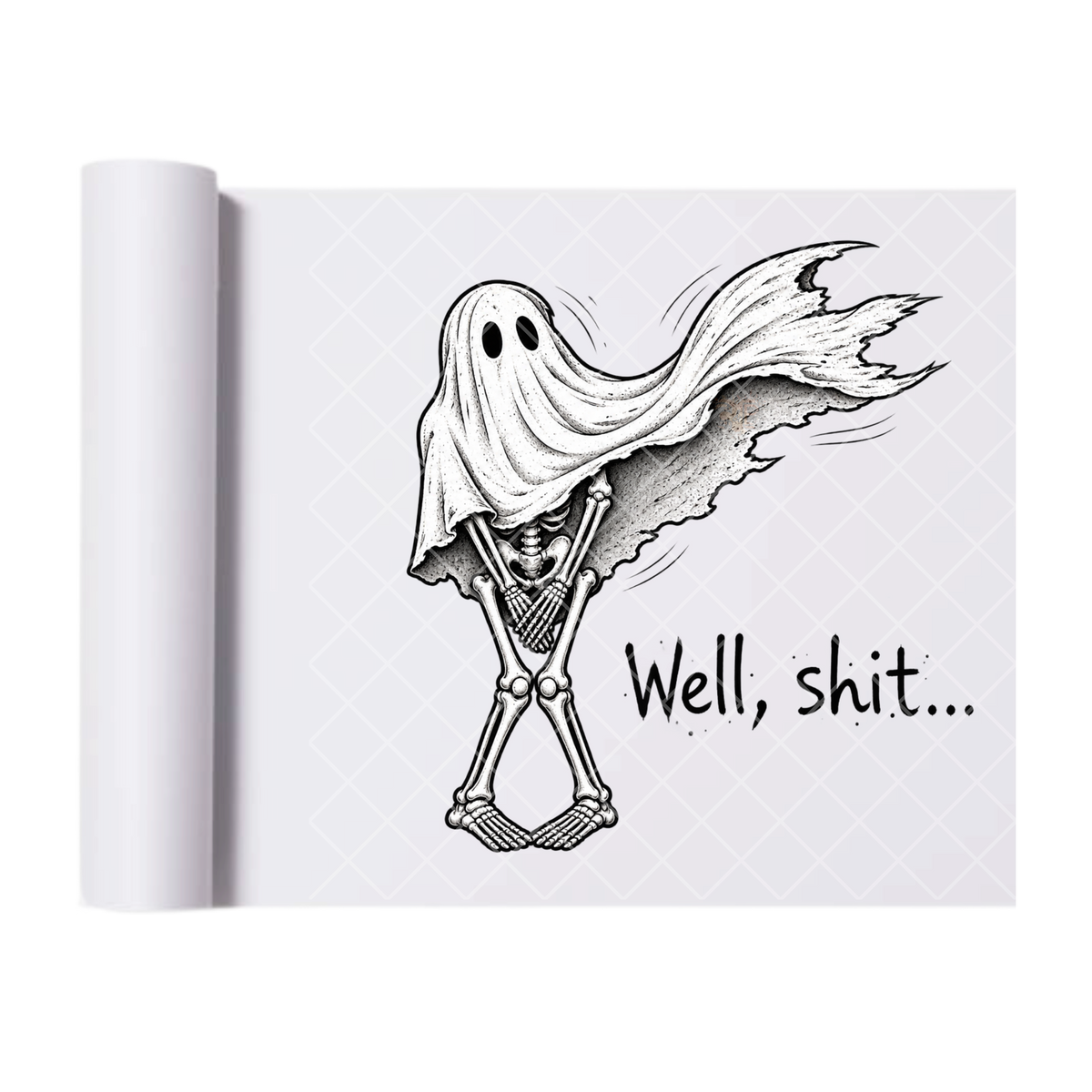 Shy Ghost Skeleton with Flowing Sheet - Ready To Press Print Transfer for Apparel, Cotton, Polyester & Blends - High-Quality Print- Commercial Grade