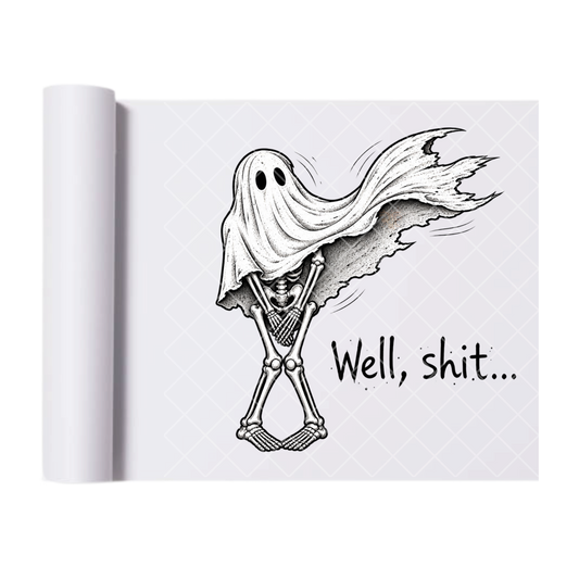 Shy Ghost Skeleton with Flowing Sheet - Ready To Press Print Transfer for Apparel, Cotton, Polyester & Blends - High-Quality Print- Commercial Grade