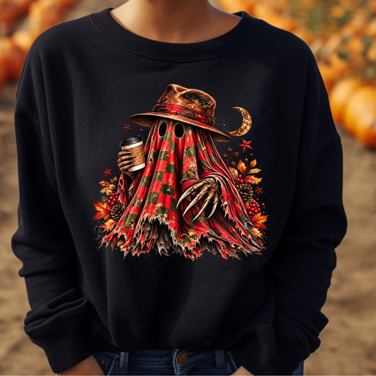 Spooky Plaid Freddy Kruger Ghost with Coffee - Ready To Press Print Transfer for Apparel, Cotton, Polyester & Blends - High-Quality Print- Commercial Grade