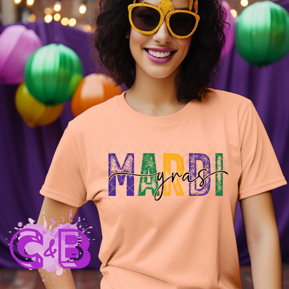 Mardi Gras cursive stamped font DTF film t shirt transfer