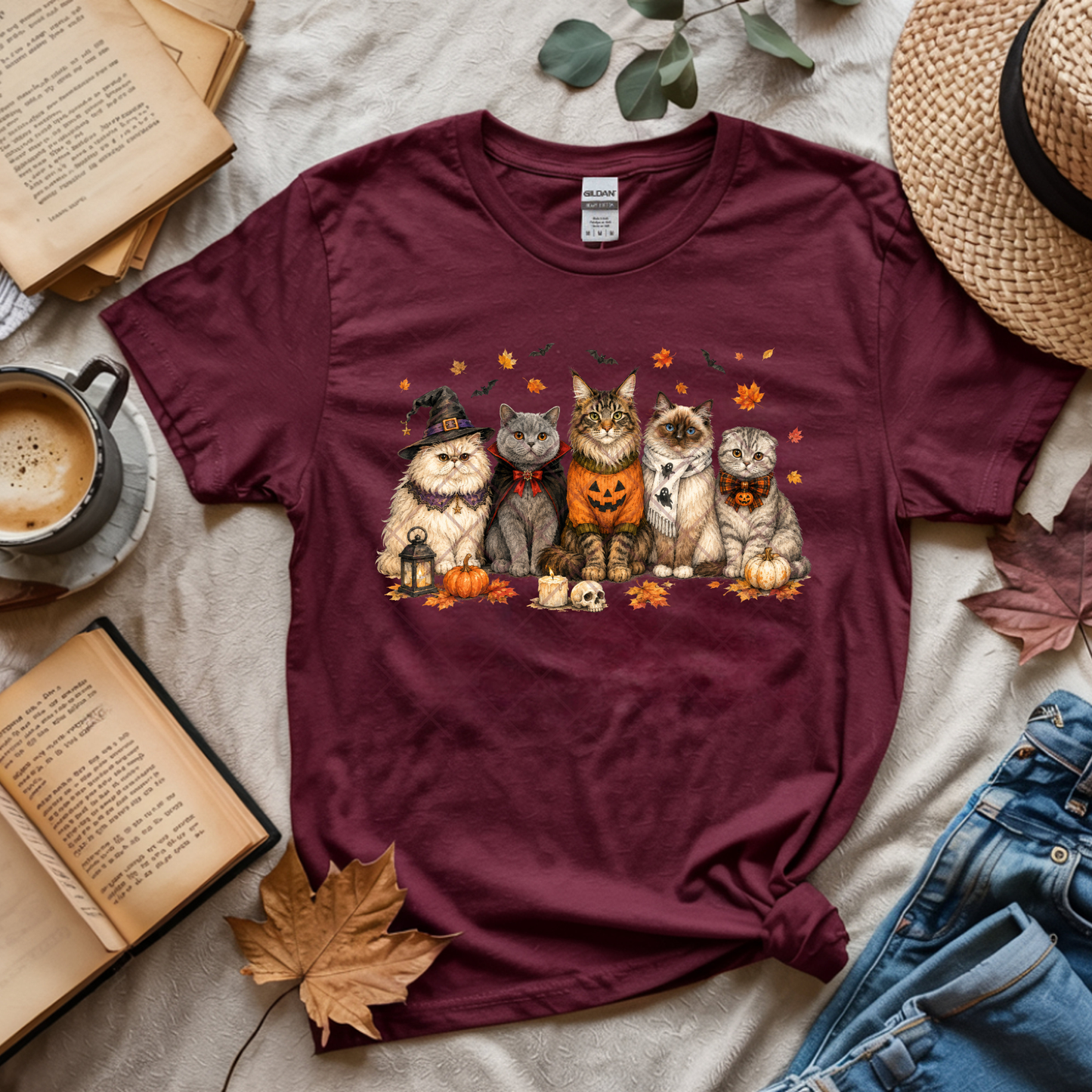 Multi-Cats and Fall Leaves - Premium Graphic T-Shirt for Casual Wear