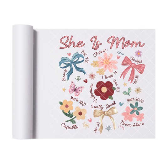 She Is Mom Bow Flower Collection - Direct Print Film Transfer for T-Shirts, Cotton, Polyester & Blends - High-Quality Print
