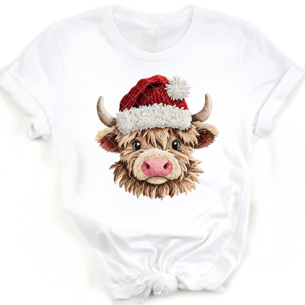 Santa Hat Highland Cow Faux Yarn T PNG File