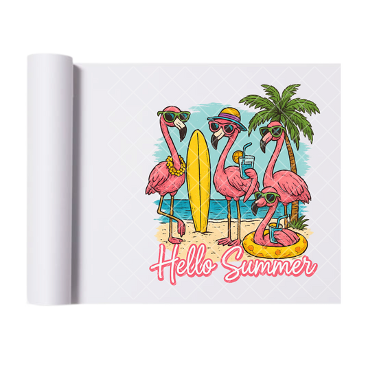 Hello Summer Flamingo - Direct Print Film Transfer for Trendy T-Shirts, Cotton, Polyester & Blends - High-Quality Print