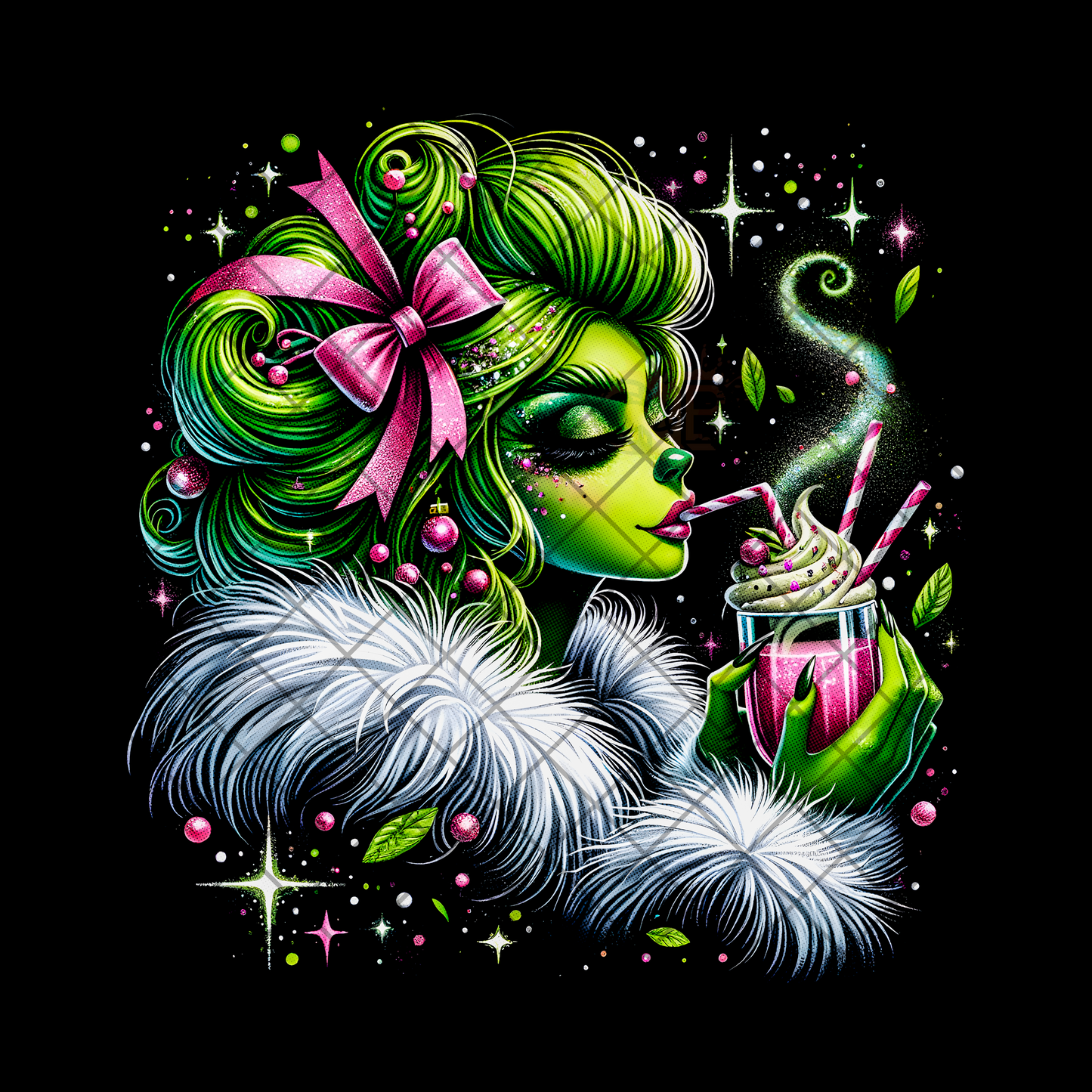 Green Lady Shimmer Pink Bow DTF Transfer