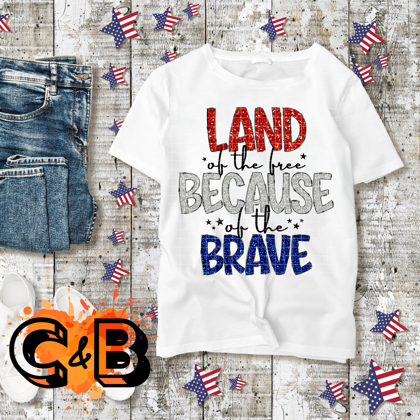 Land of the free Because of the Brave Glitter T-Shirt