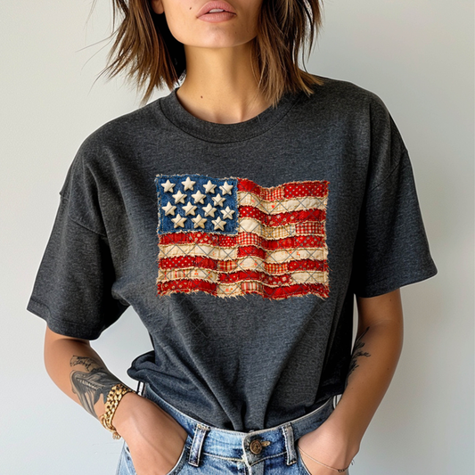 Wavy Patchwork American Flag - T-Shirt, Premium Graphic, Trendy T-Shirt for Casual Wear