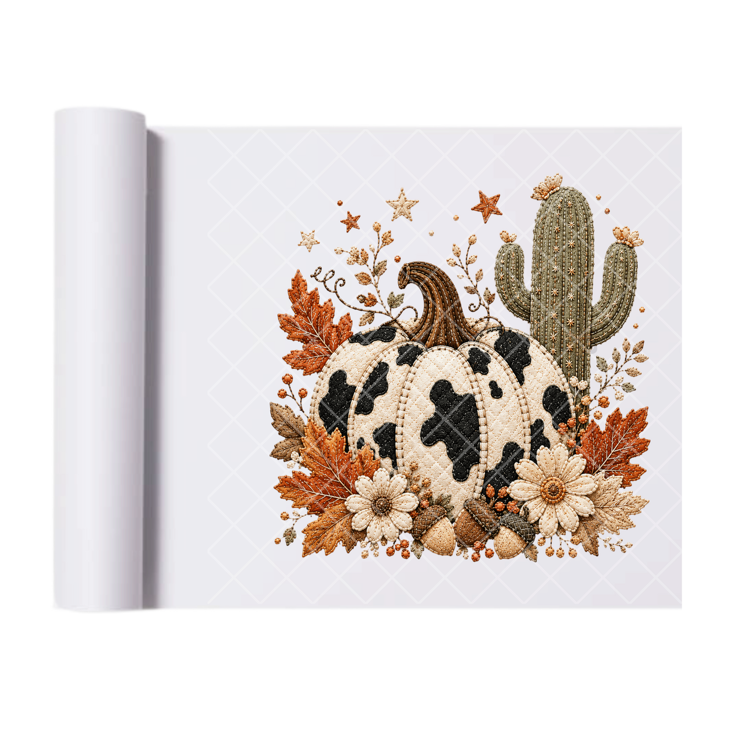 Cow Print Pumpkin and Cactus - Ready To Press Print Transfer for Apparel, Cotton, Polyester & Blends - High-Quality Print- Commercial Grade