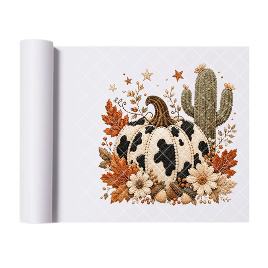 Cow Print Pumpkin and Cactus - Ready To Press Print Transfer for Apparel, Cotton, Polyester & Blends - High-Quality Print- Commercial Grade