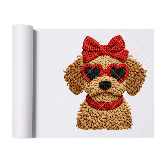 Faux Crochet Puppy Bow Shades - Direct Transfer Print, Ready To Press For T-Shirts, Cotton, Polyester & Blends - Tshirt Business Quality