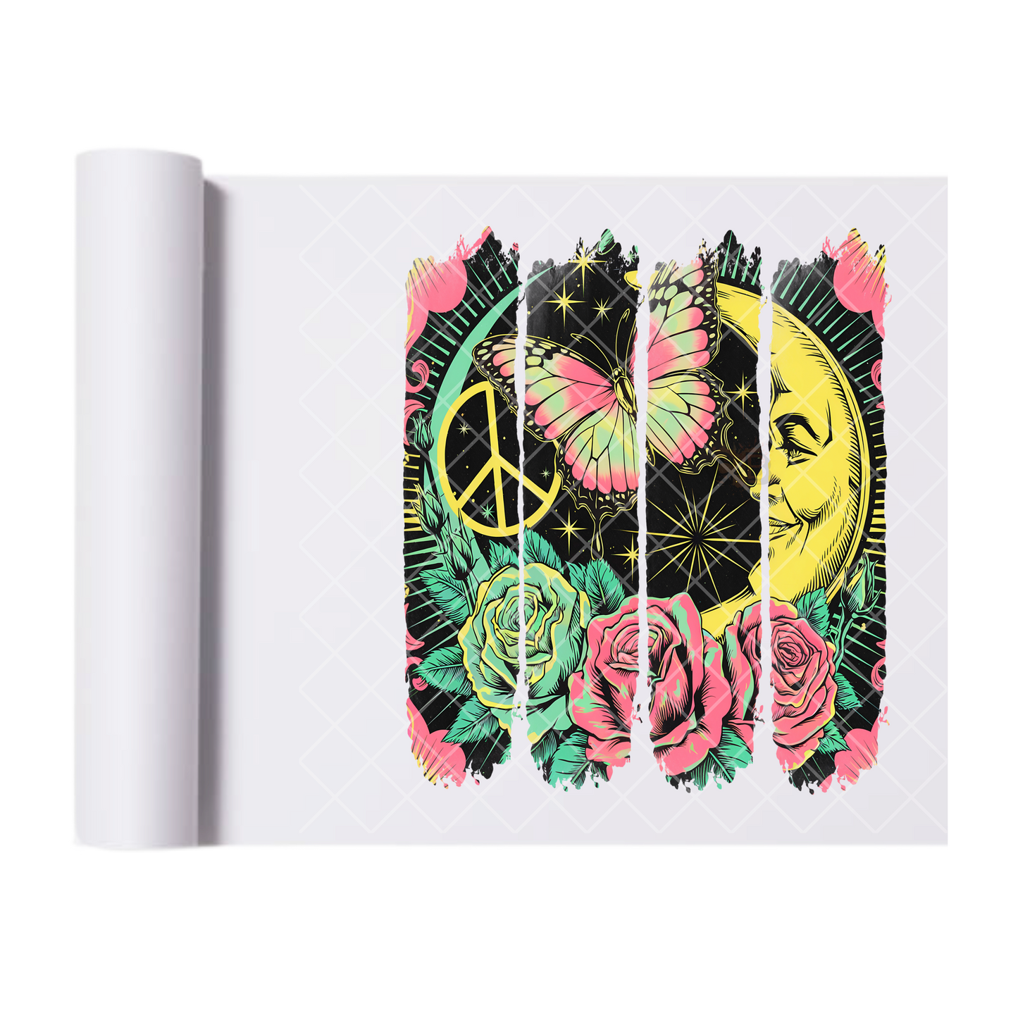 Groovy Peace Moon Butterfly - Ready To Press Print Transfer for Apparel, Cotton, Polyester & Blends - High-Quality Print- Commercial Grade