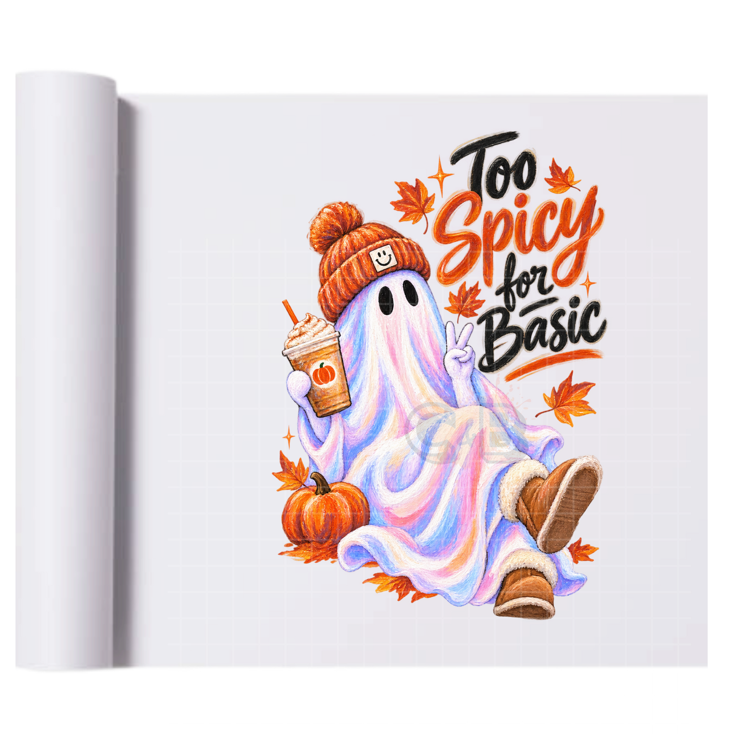 Too Spicy For Basic Ghost Coffee - Ready To Press Print Transfer for Apparel, Cotton, Polyester & Blends - High-Quality Print- Commercial Grade