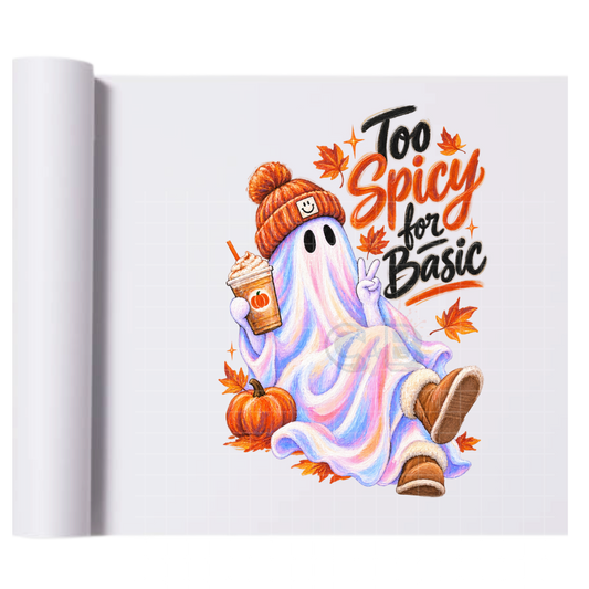 Too Spicy For Basic Ghost Coffee - Ready To Press Print Transfer for Apparel, Cotton, Polyester & Blends - High-Quality Print- Commercial Grade