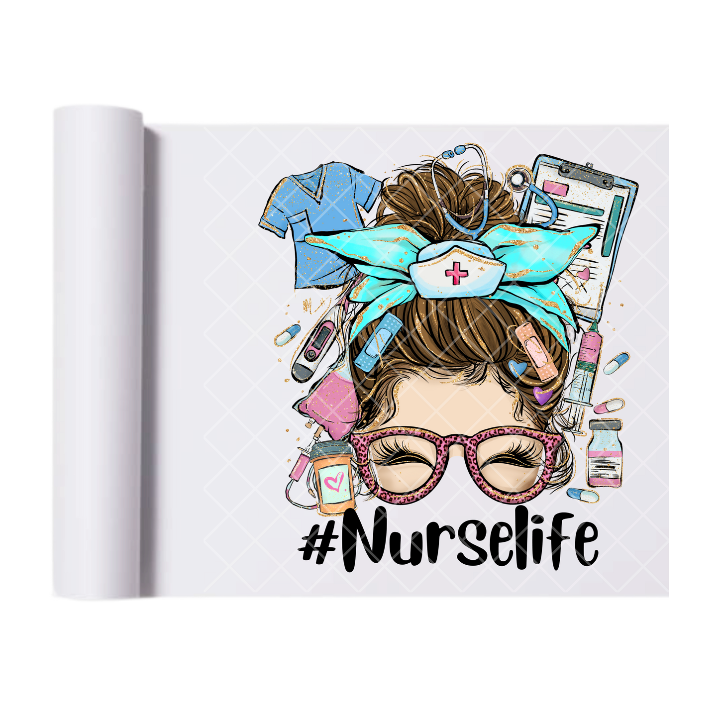 Messy Bun Nurse Life - Direct Print Film Transfer for T-Shirts, Cotton, Polyester & Blends - High-Quality Print