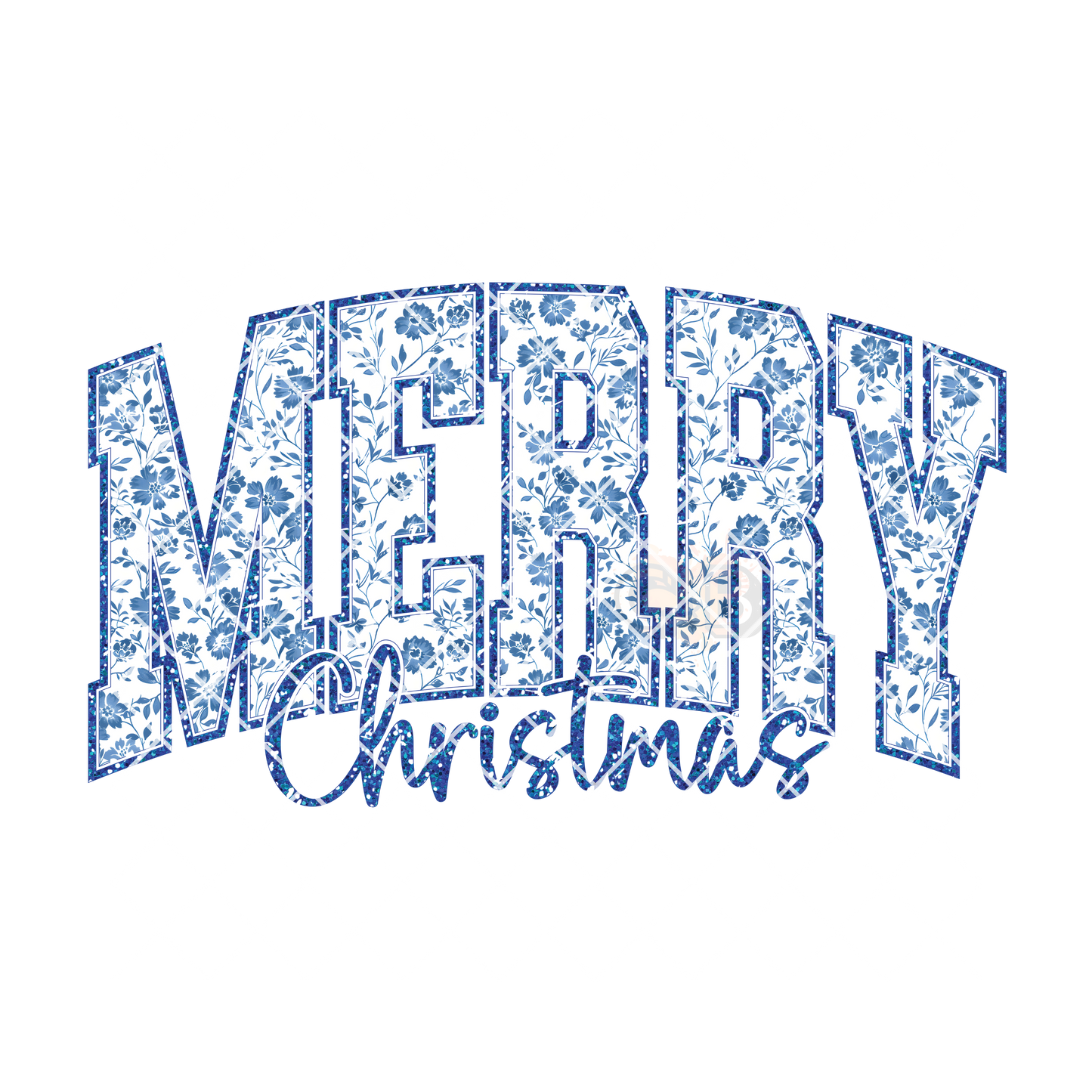 Merry Christmas Blue Floral Pattern DTF Transfer