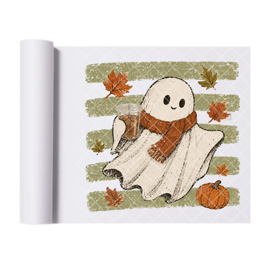 Coffee Cozy Ghost - Ready To Press Print Transfer for Apparel, Cotton, Polyester & Blends - High-Quality Print- Commercial Grade