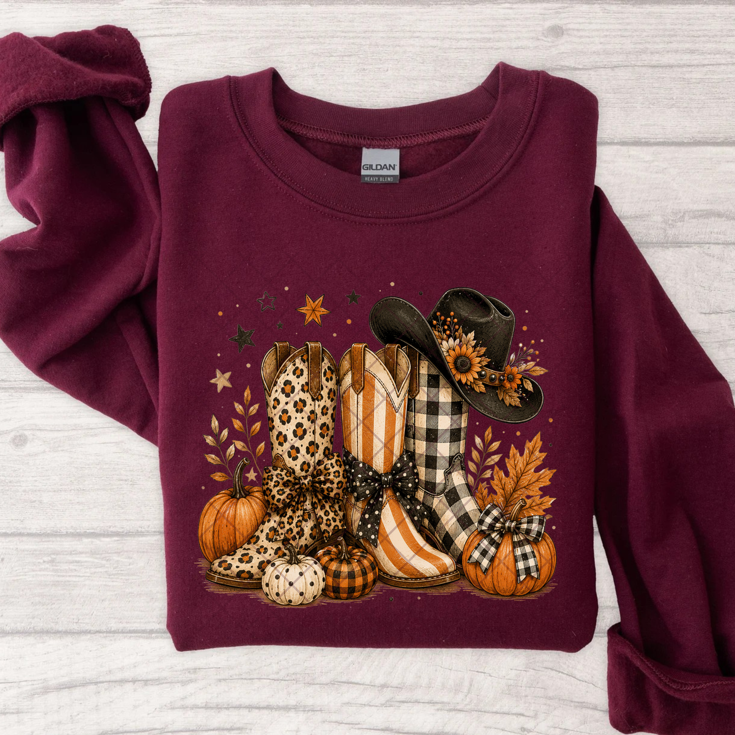 Fall Cowboy Hat and Boots - Ready To Press Print Transfer for Apparel, Cotton, Polyester & Blends - High-Quality Print- Commercial Grade