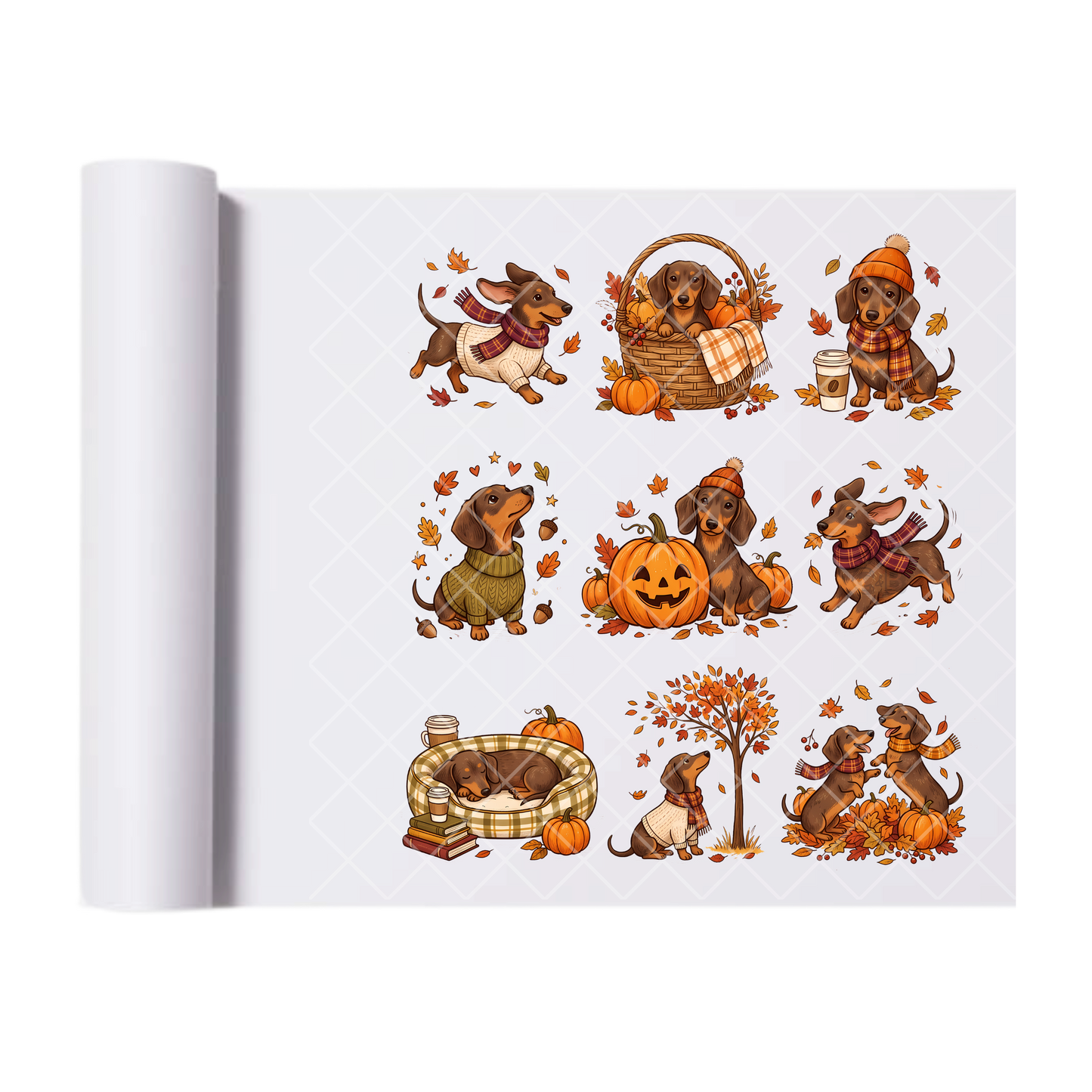 Dachshunds Fall Leaves and Pumpkins - Ready To Press Print Transfer for Apparel, Cotton, Polyester & Blends - High-Quality Print- Commercial Grade