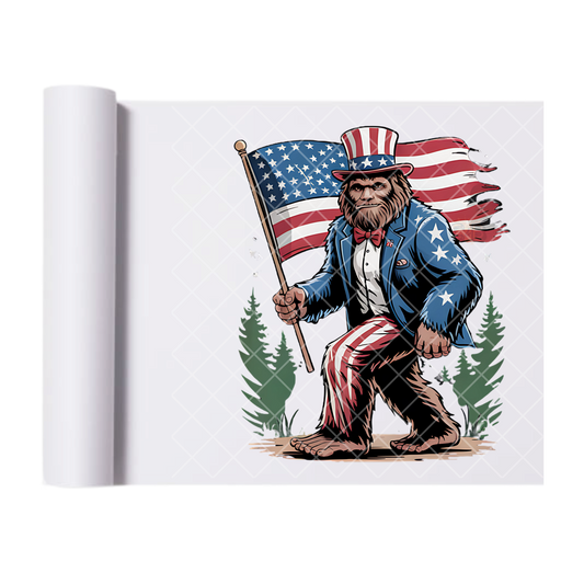 Bigfoot Carrying American Flag - Direct Print Film Transfer for Trendy T-Shirts, Cotton, Polyester & Blends - High-Quality Print