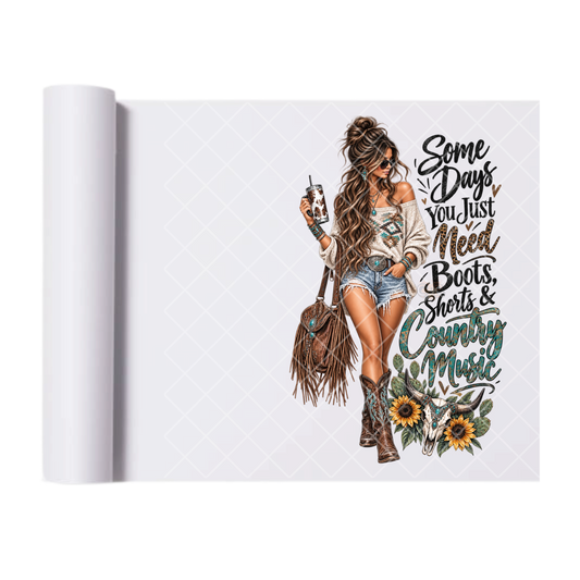 Boots Shorts and Country Music - Ready To Press Print Transfer for Apparel, Cotton, Polyester & Blends - High-Quality Print- Commercial Grade