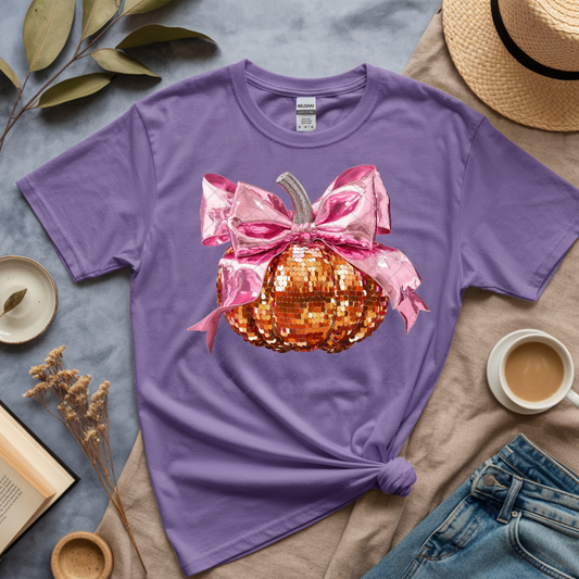Shiney Bejeweled Bow and Pumpkin - Premium Graphic T-Shirt for Casual Wear