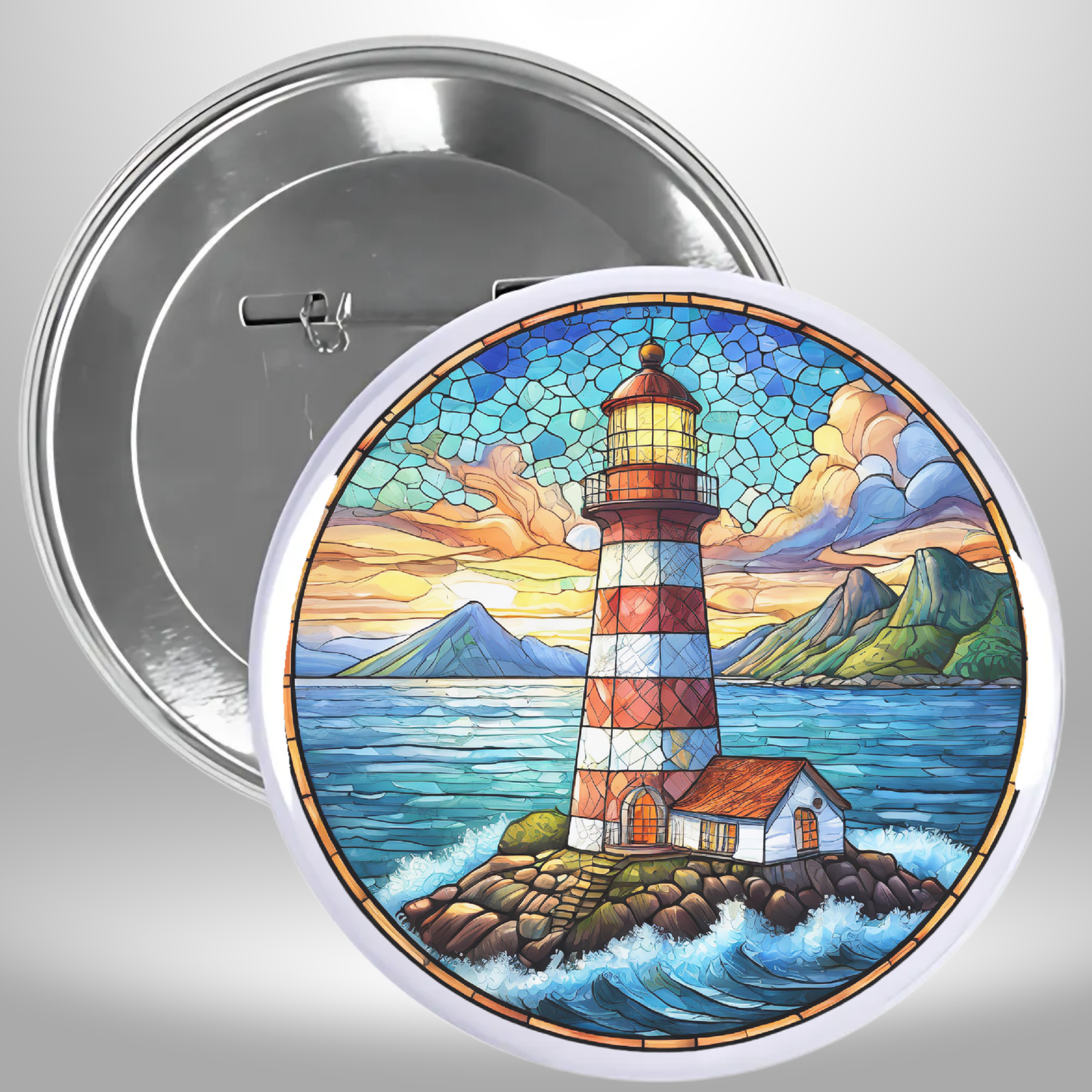 Lighthouse Stained Glass Mountains Pinback Button