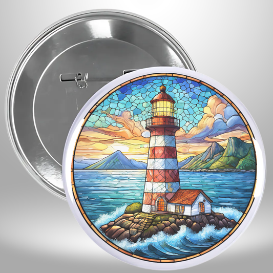 Lighthouse Stained Glass Mountains Pinback Button