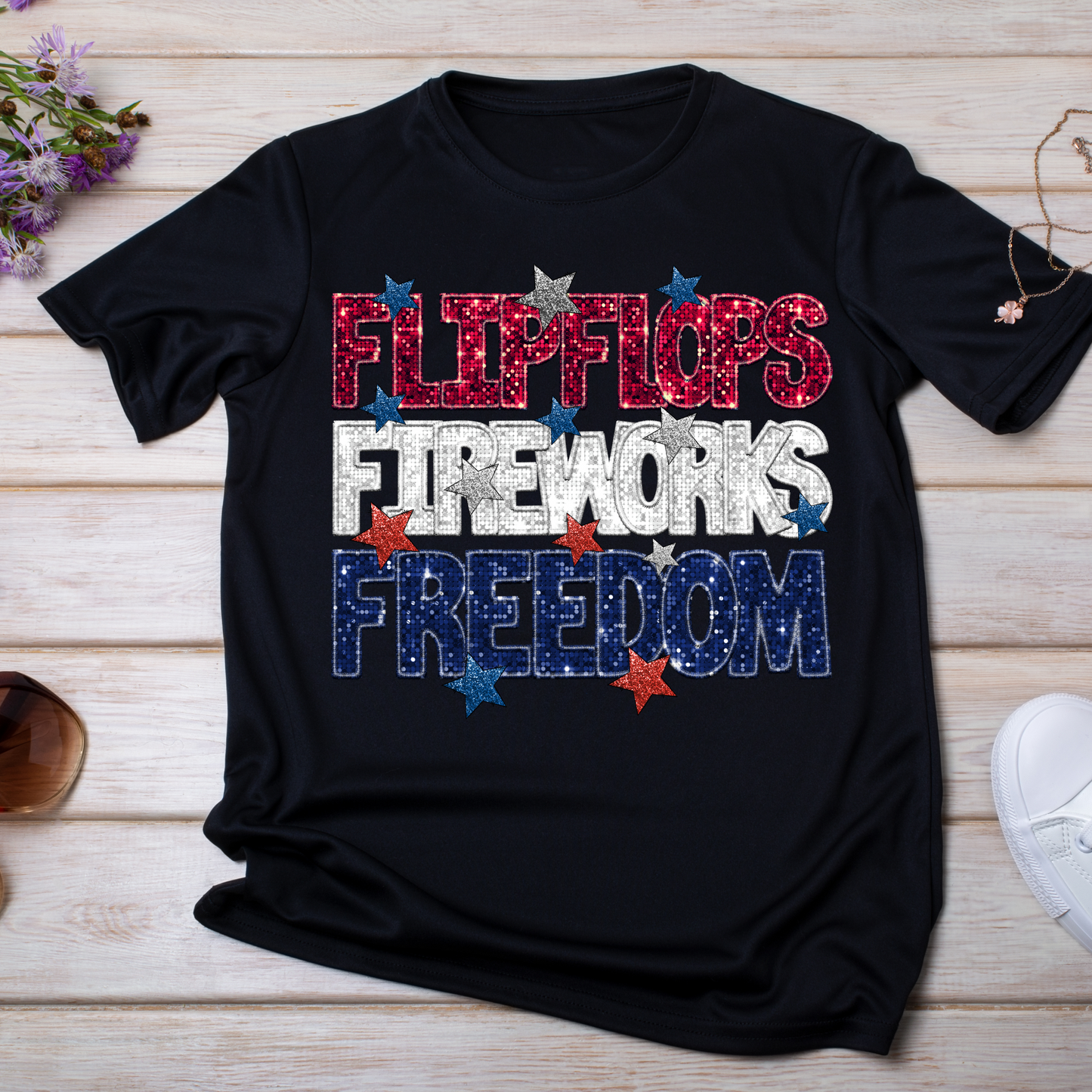 Flipflops Fireworks Freedom Glitter T-Shirt