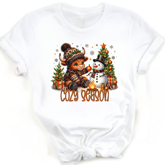 Cozy Season Highland And Snowman - Premium Graphic T-Shirt for Casual Wear