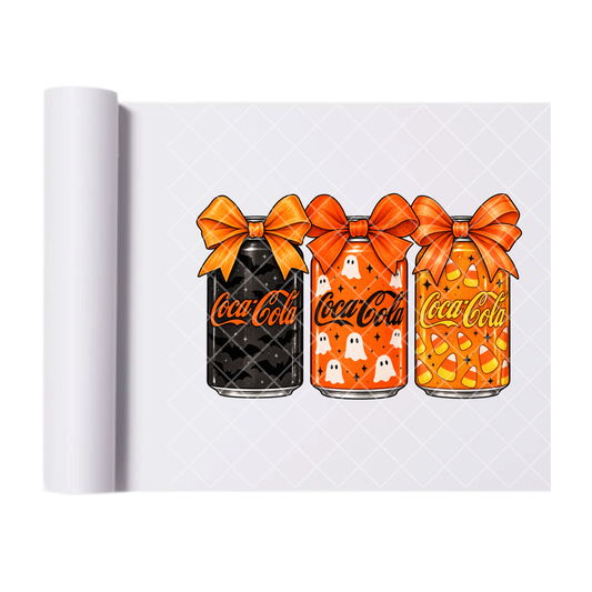 Cola Halloween Orange Cans - Ready To Press Print Transfer for Apparel, Cotton, Polyester & Blends - High-Quality Print- Commercial Grade