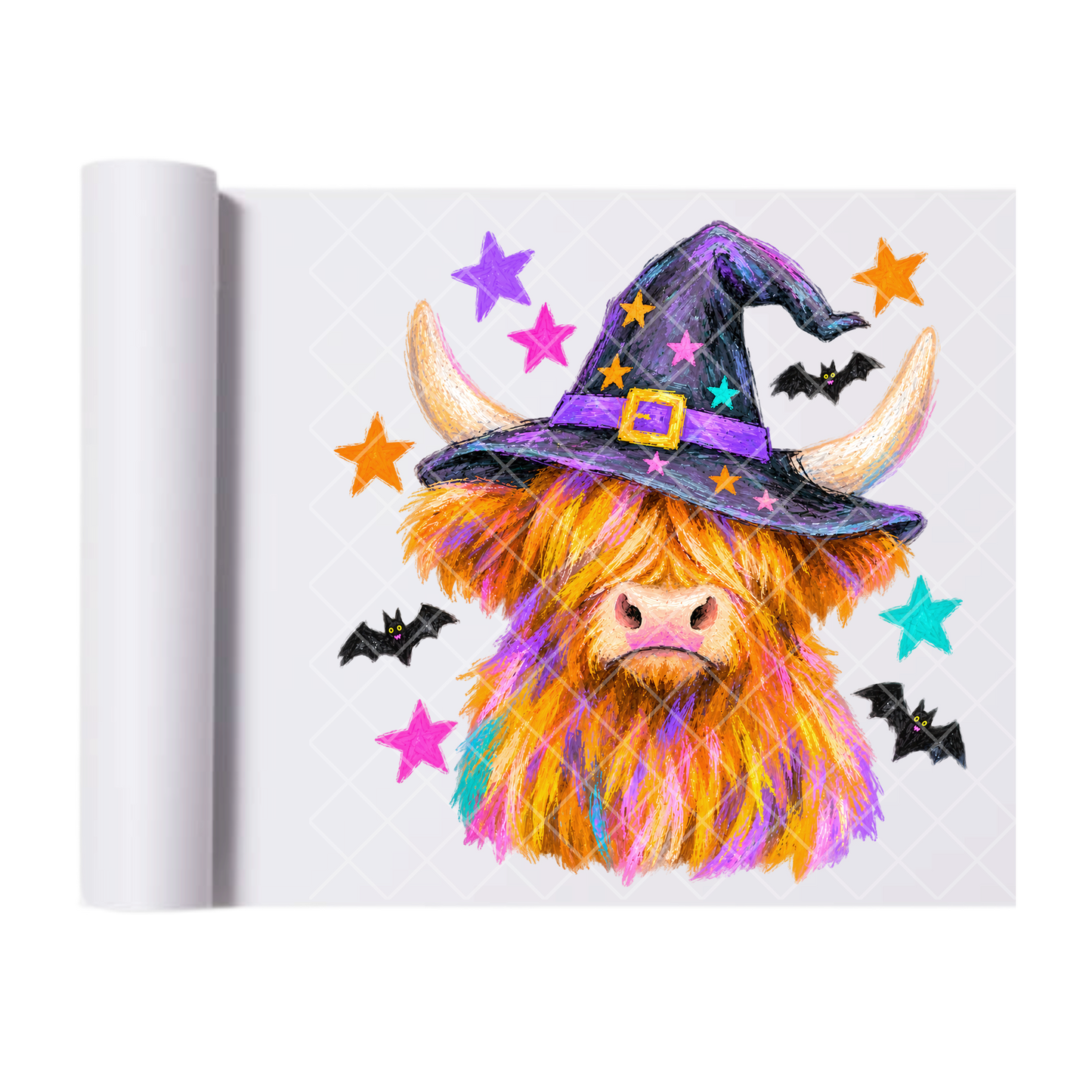 Highland Cow Neon Witch - Ready To Press Print Transfer for Apparel, Cotton, Polyester & Blends - High-Quality Print- Commercial Grade
