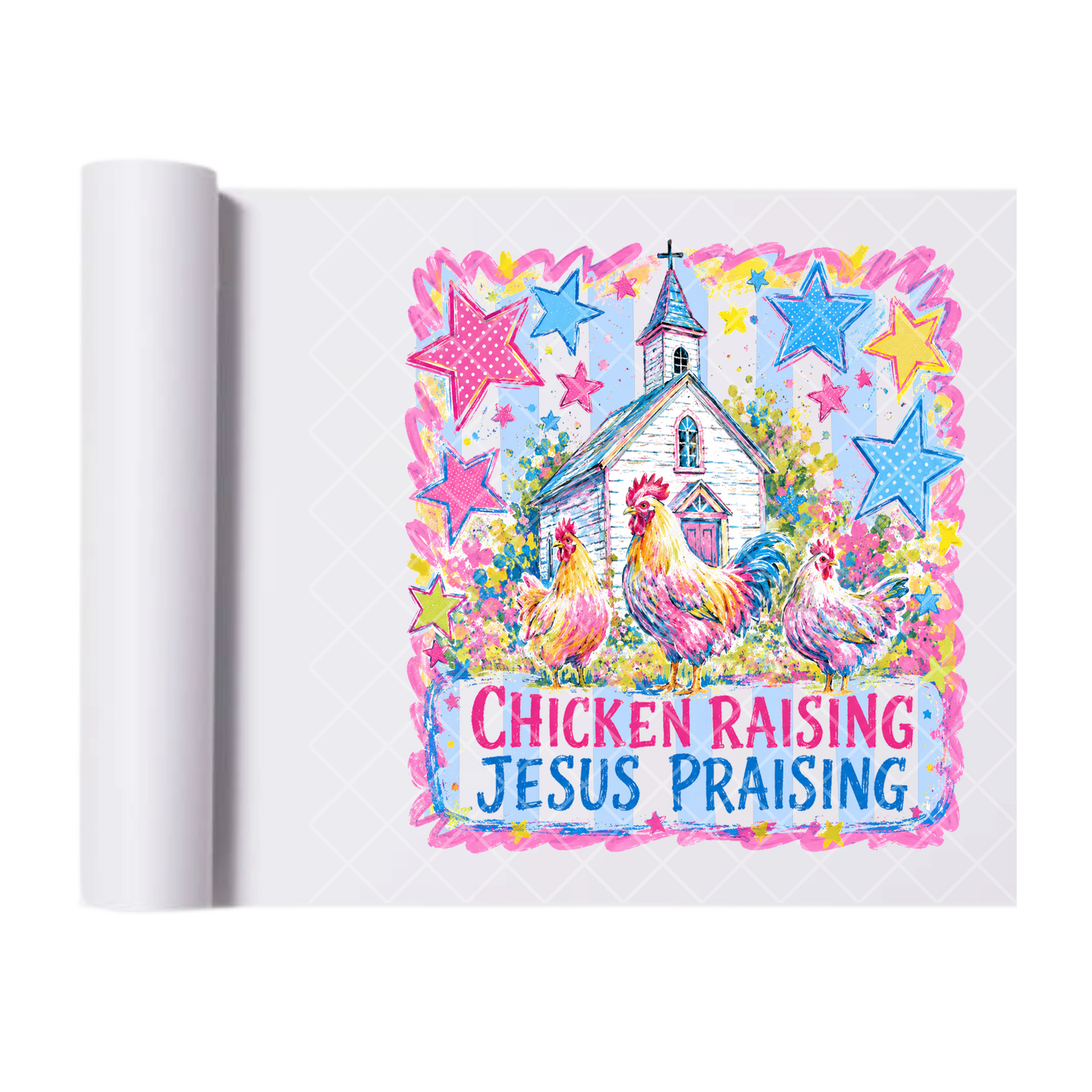 Chickens & Jesus - Direct-To-Film Heat Transfer for T-Shirts, Cotton, Polyester & Blends - High-Quality Print