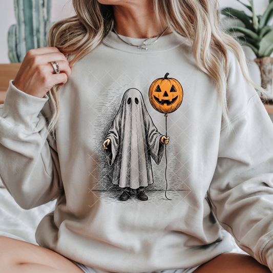 Pumpkin Ballon and Ghost Illustration - Premium Graphic T-Shirt for Casual Wear