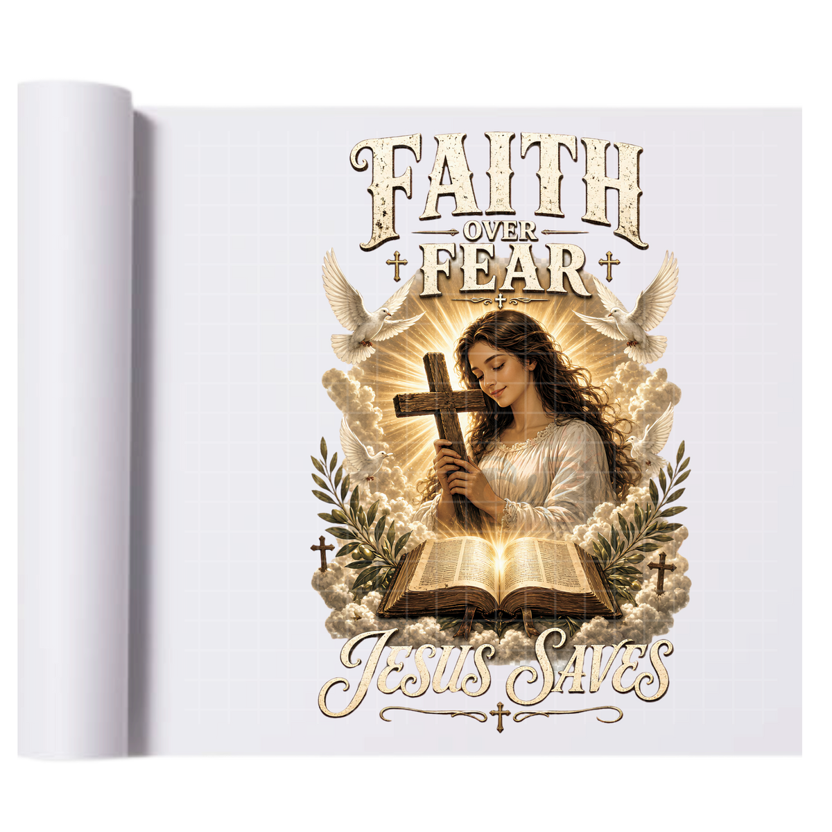 Faith Over Fear Jesus Saves - Direct-To-Film Heat Transfer for T-Shirts, Cotton, Polyester & Blends - High-Quality Print