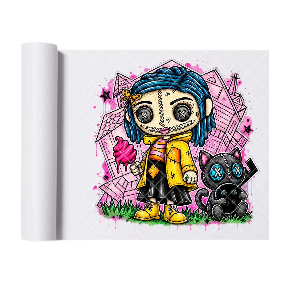 Coraline Doll Illustration - Ready To Press Print Transfer for Apparel, Cotton, Polyester & Blends - High-Quality Print- Commercial Grade