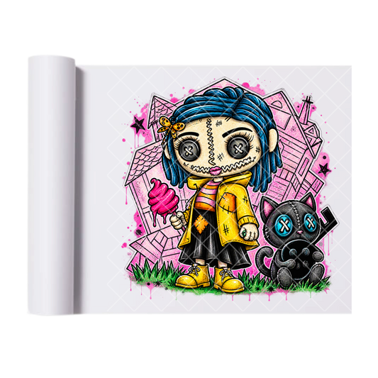Coraline Doll Illustration - Ready To Press Print Transfer for Apparel, Cotton, Polyester & Blends - High-Quality Print- Commercial Grade
