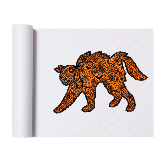 Black and Orange Lace Cat - Ready To Press Print Transfer for Apparel, Cotton, Polyester & Blends - High-Quality Print- Commercial Grade