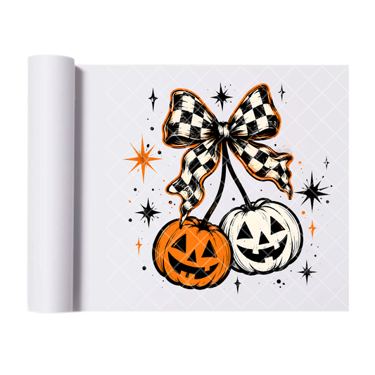 Checkered Bow Cherry Pumpkins - Ready To Press Print Transfer for Apparel, Cotton, Polyester & Blends - High-Quality Print- Commercial Grade