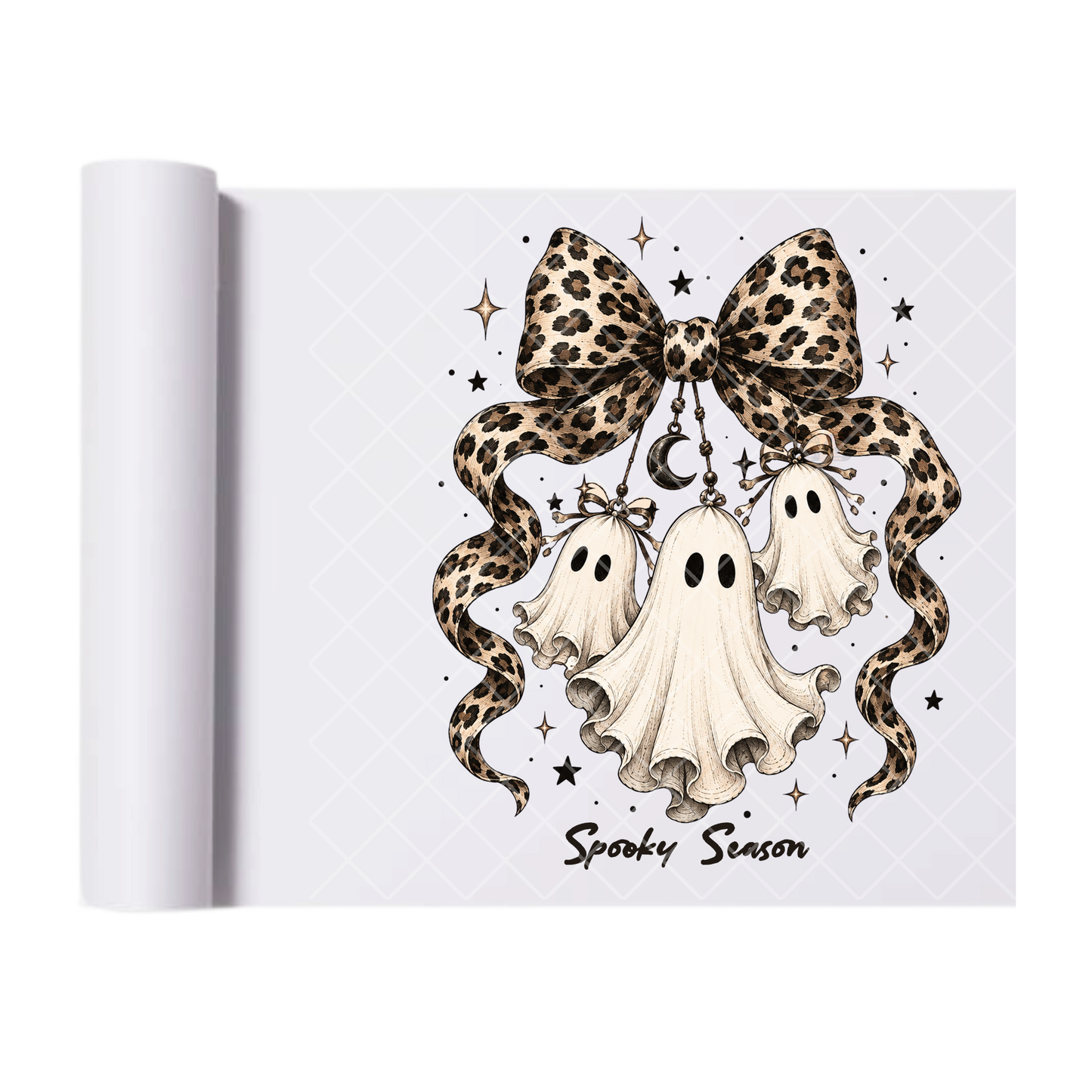 Leopard Bow Hanging Ghosts - Ready To Press Print Transfer for Apparel, Cotton, Polyester & Blends - High-Quality Print- Commercial Grade