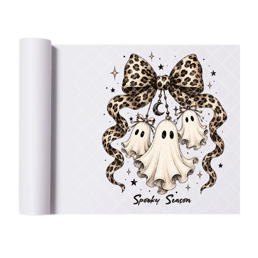 Leopard Bow Hanging Ghosts - Ready To Press Print Transfer for Apparel, Cotton, Polyester & Blends - High-Quality Print- Commercial Grade