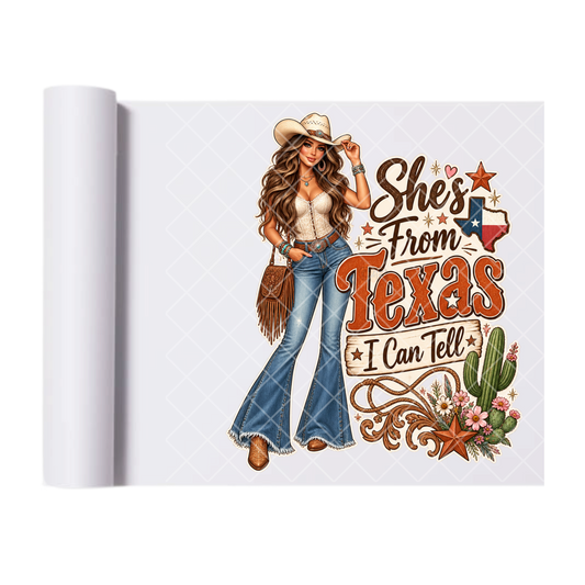 She's From Texas - Direct Print Film Transfer for Trendy T-Shirts, Cotton, Polyester & Blends - High-Quality Print