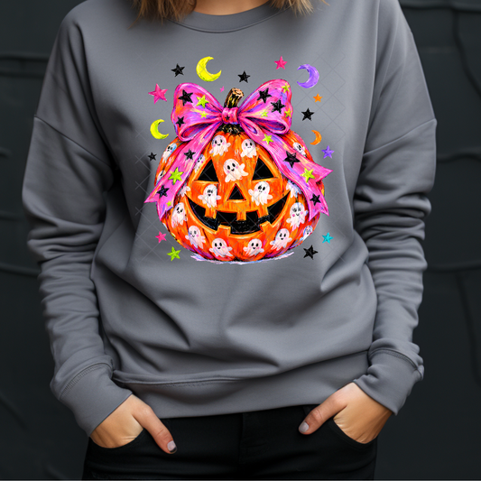 Bow Ghost Coquette Pumpkin Halloween - Premium Graphic T-Shirt for Casual Wear