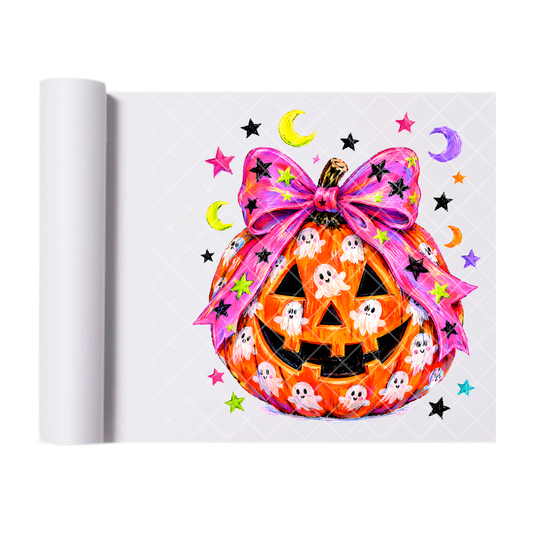 Bow Ghost Coquette Pumpkin Halloween - Ready To Press Print Transfer for Apparel, Cotton, Polyester & Blends - High-Quality Print- Commercial Grade