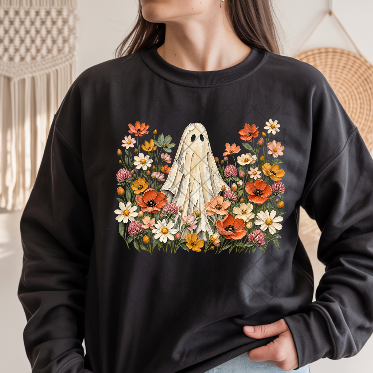 Whimsical Ghost in Wildflower Bloom - Premium Graphic T-Shirt for Casual Wear