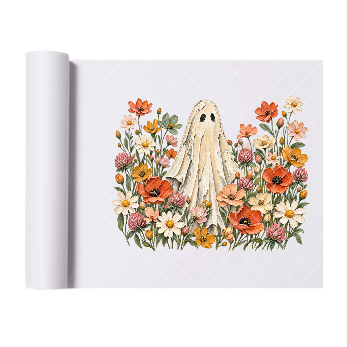 Whimsical Ghost in Wildflower Bloom - Ready To Press Print Transfer for Apparel, Cotton, Polyester & Blends - High-Quality Print- Commercial Grade