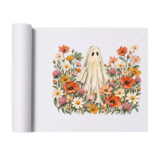 Whimsical Ghost in Wildflower Bloom - Ready To Press Print Transfer for Apparel, Cotton, Polyester & Blends - High-Quality Print- Commercial Grade