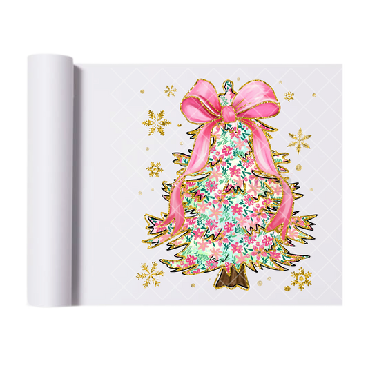 Christmas Tree Pink Bow Floral Pattern DTF Transfer