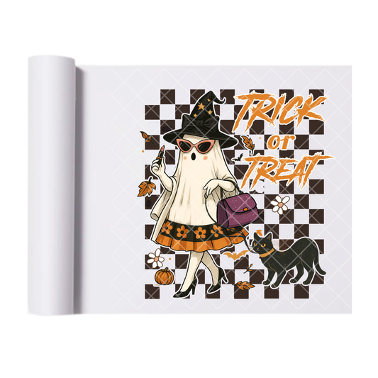 Trick Or Treat Fancy Lady Cat - Ready To Press Print Transfer for Apparel, Cotton, Polyester & Blends - High-Quality Print- Commercial Grade