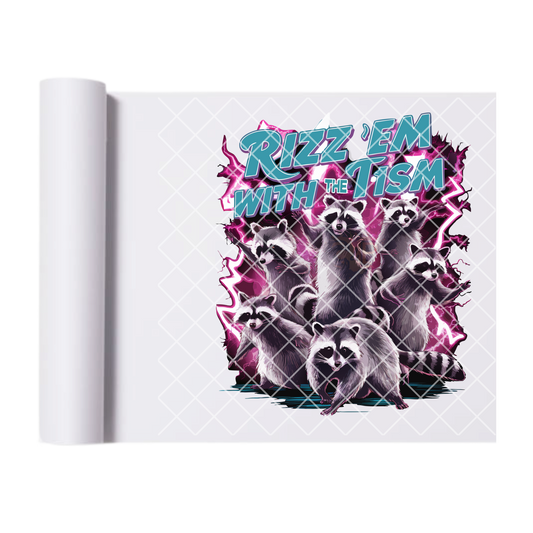 Rizz’em raccoon flash DTF film t shirt transfer