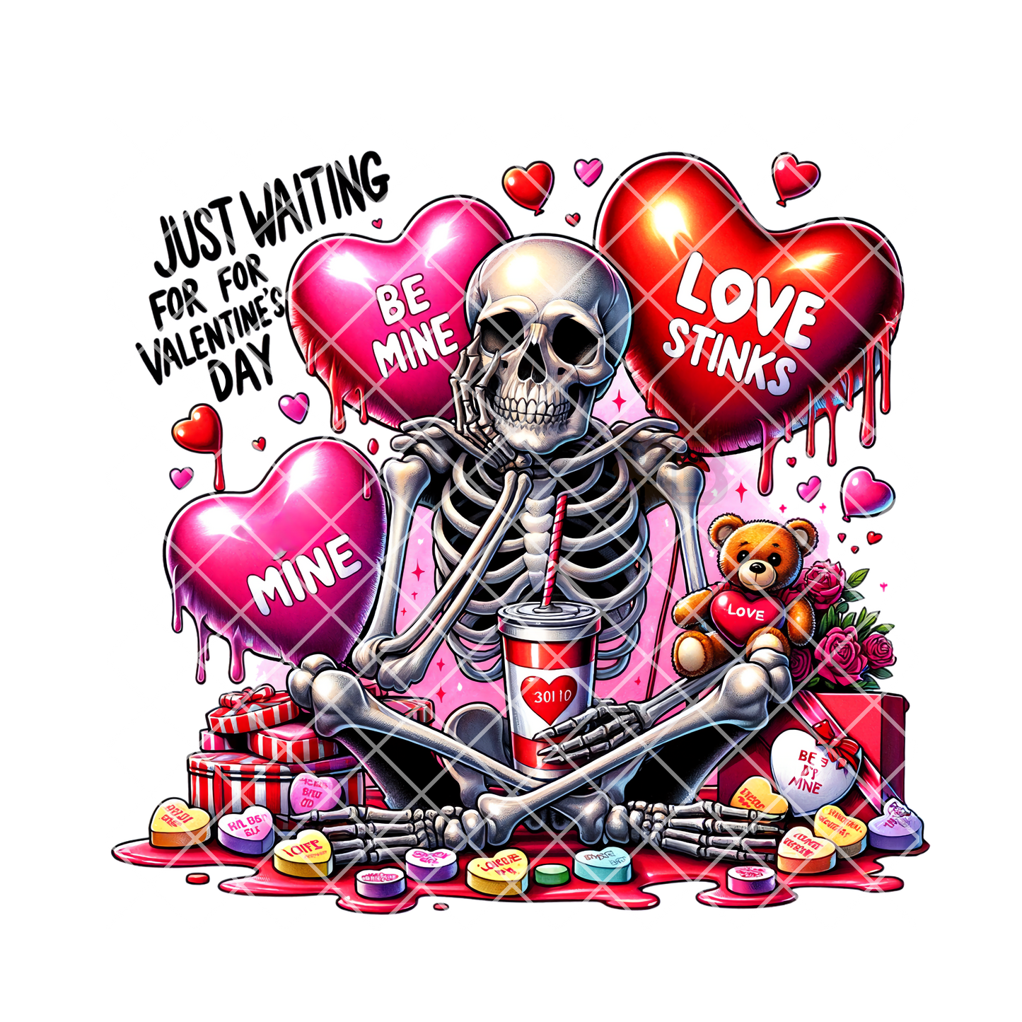 Valentines skeleton waiting heart balloons PNG